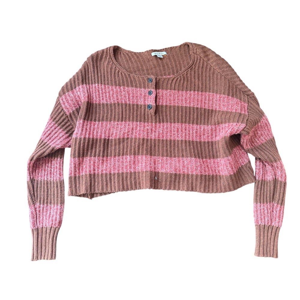 American Eagle Cropped Henley Sweater Striped Knit Brown Pink Womens S